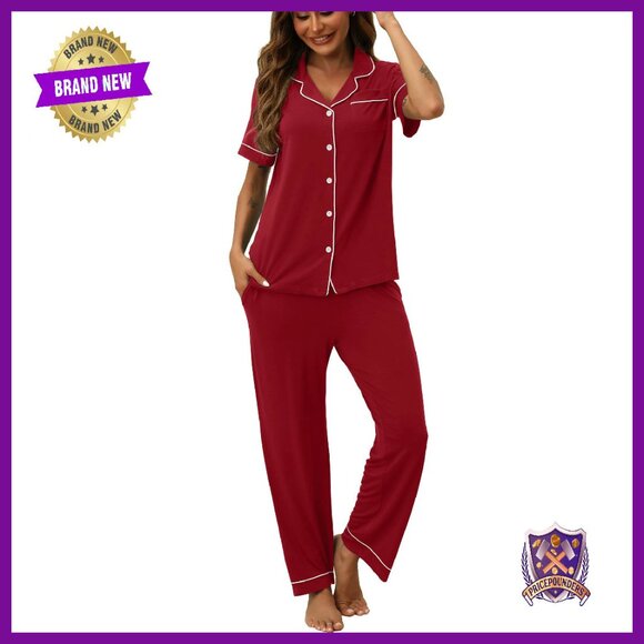 Women's 2-Piece Pajama Set Button-Up Top Pants Pocket Soft Polyester